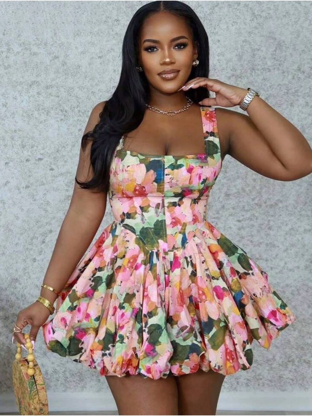 Stylish U Neck Floral Bubble Hem Mini Dress Summer Sundress.